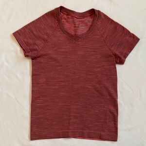 Lululemon Swiftly Tech Striped Short Sleeve Tee in Coral & Black Waist Length